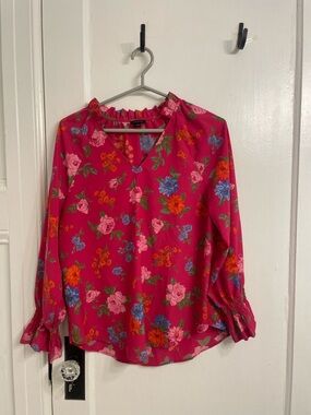 Ann Taylor Floral Ruffle-Trim V-Neck Blouse in Fuchsia